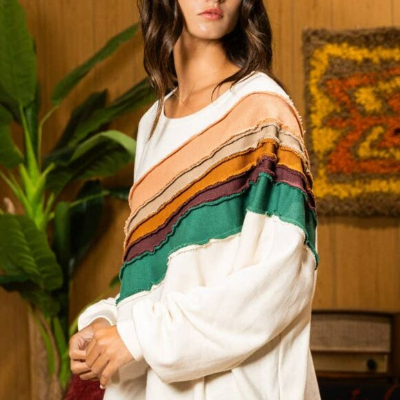 NWT: Bucketlist Cream Oversized Sweatshirt Retro 70s Stripe Pullover - Picture 4 of 5